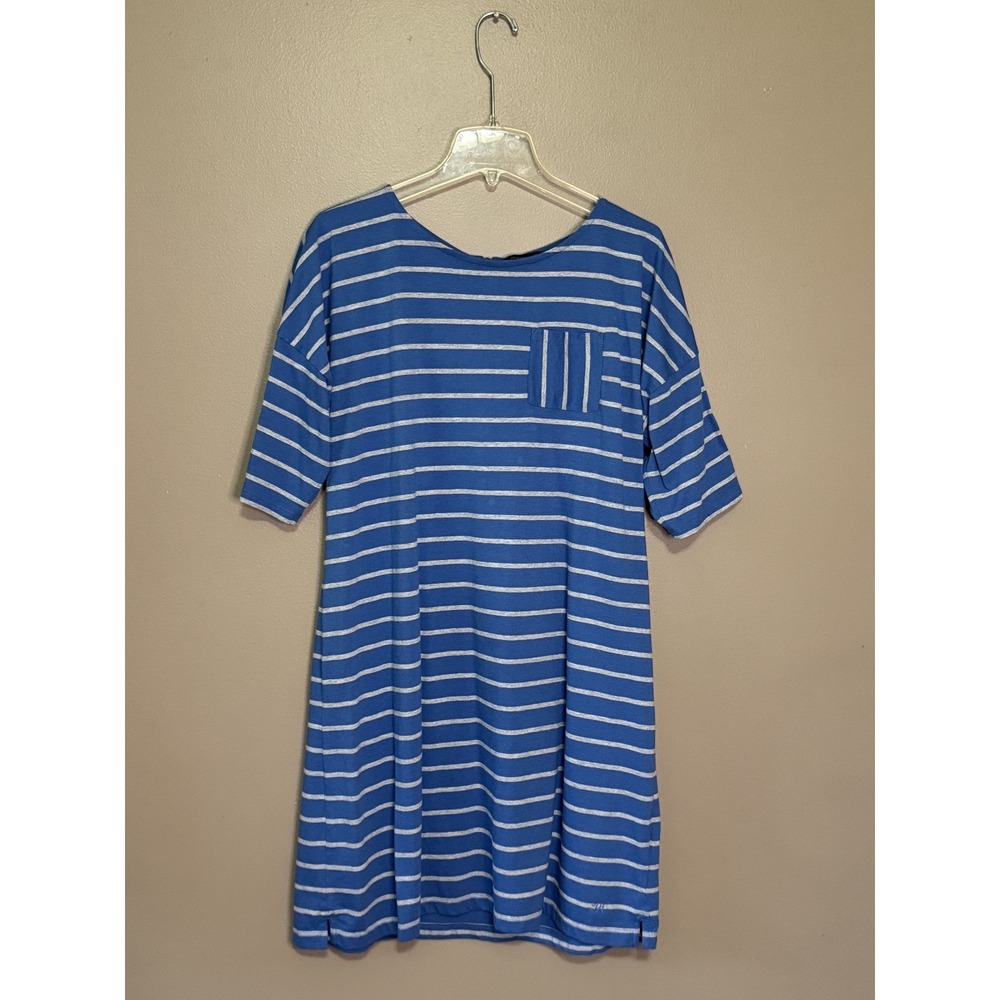 Tommy Hilfiger Women Blue Gray Striped T-Shirt Dress Pocket Zip XL